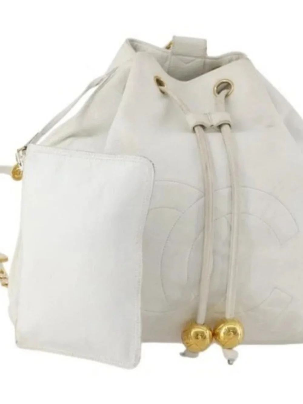 CHANEL Backpack Leather White Gold CC Auth gh1739